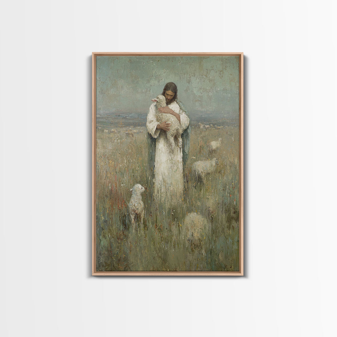 Gentle Shepherd Light, Framed Canvas Print, Christian Wall Art, Jesus Painting, Christian Art Canvas, Christian Gift Ideas, Vintage Christi