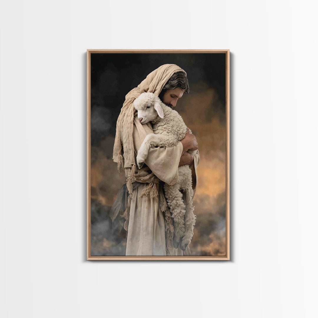 Tender Lamb Embrace, Framed Canvas Print, Jesus Painting, Christian Art Print, Christian Wall Art, Large Christian Painting, Christian Deco