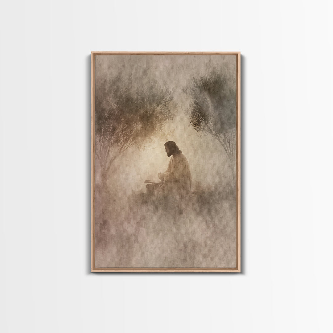 Quiet Olive Dawn, Framed Canvas Print, Christian Art Canvas, Modern Christian Art, Jesus Painting, Christian Wall Art, Christian Gift Ideas