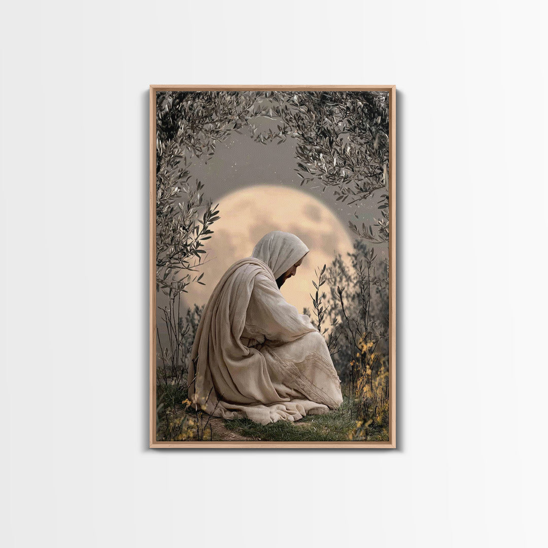 Moonlit Devotion, Framed Canvas Print, Christian Wall Art, Jesus Painting, Moody Christian Art, Christian Art Canvas, Christian Decoration