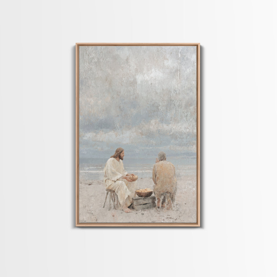 Shoreline Quiet Bread, Framed Canvas Print, Jesus Painting, Christian Wall Art, Christian Art Canvas, Christian Decor, Minimalist Christian