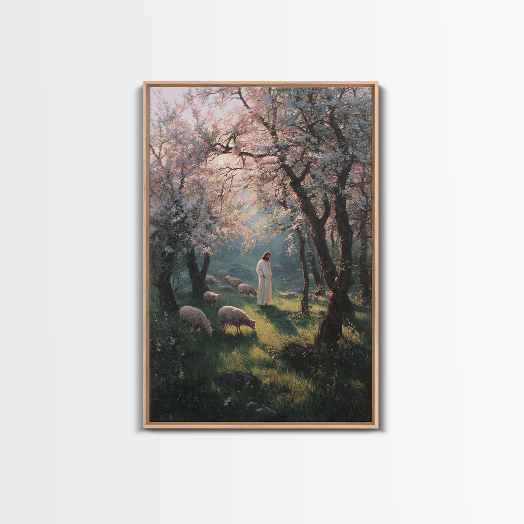 Spring Shepherd Path | Framed Canvas Print | Christian Art Canvas | Christian Wall Art | Jesus Painting | Christian Decor | Pastoral Scener