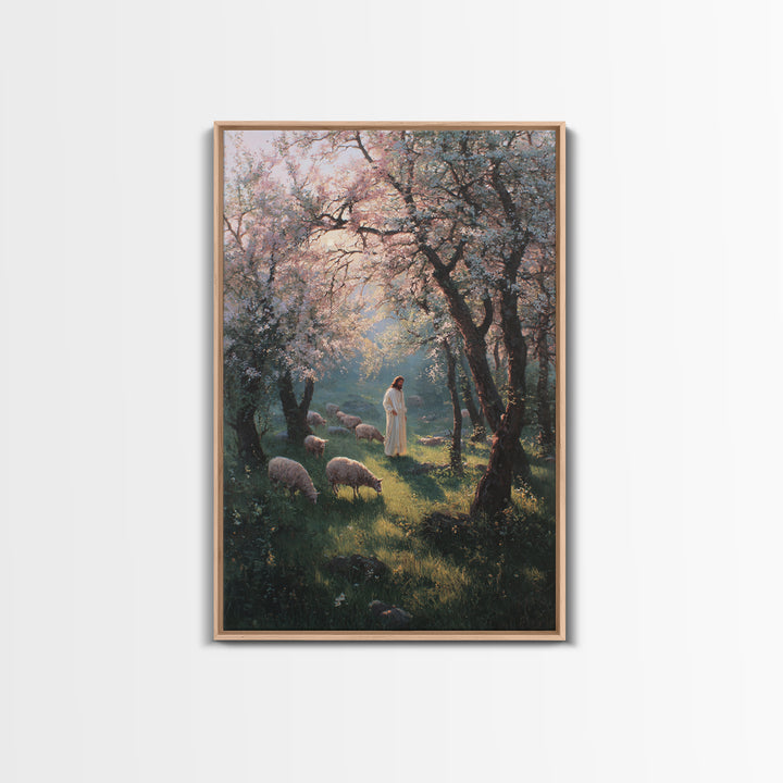Spring Shepherd Path | Framed Canvas Print | Christian Art Canvas | Christian Wall Art | Jesus Painting | Christian Decor | Pastoral Scener