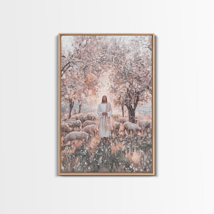 Garden Blossom Shepherd – Framed Canvas Print – Christian Wall Art – Christian Art Canvas – Jesus Painting – Christian Decor – Pastoral Sce