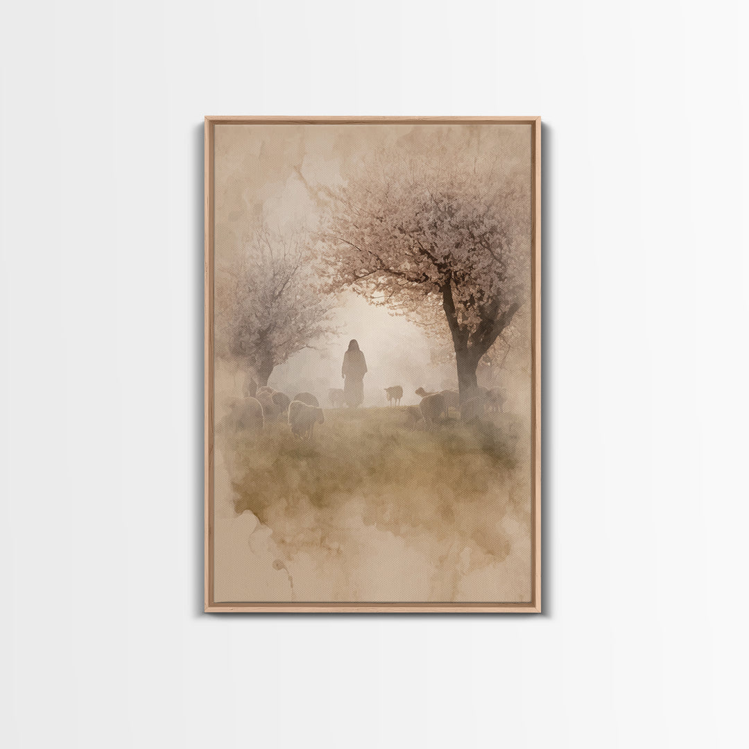 Dawn Shepherd Silhouette | Framed Canvas Print | Christian Wall Art | Christian Art Canvas | Jesus Painting | Subtle Christian Art | Christ