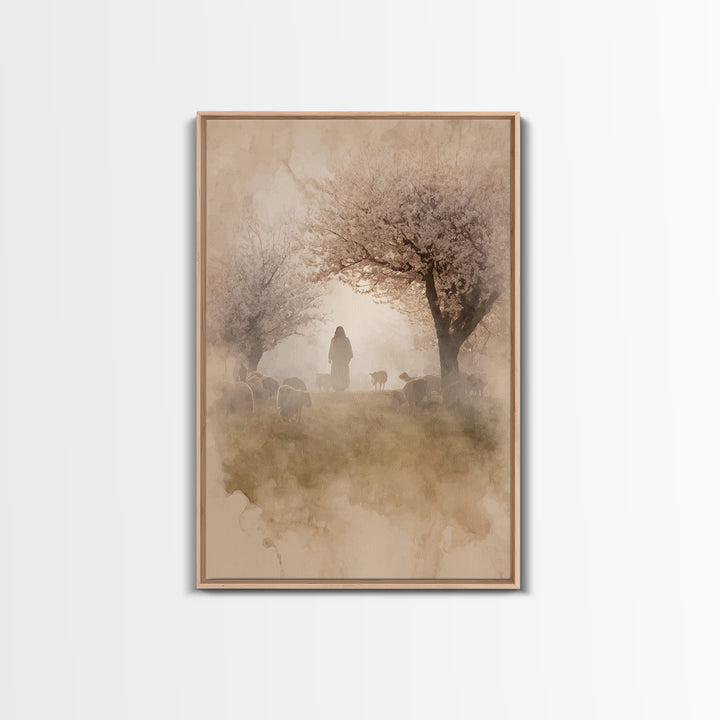 Dawn Shepherd Silhouette | Framed Canvas Print | Christian Wall Art | Christian Art Canvas | Jesus Painting | Subtle Christian Art | Christ