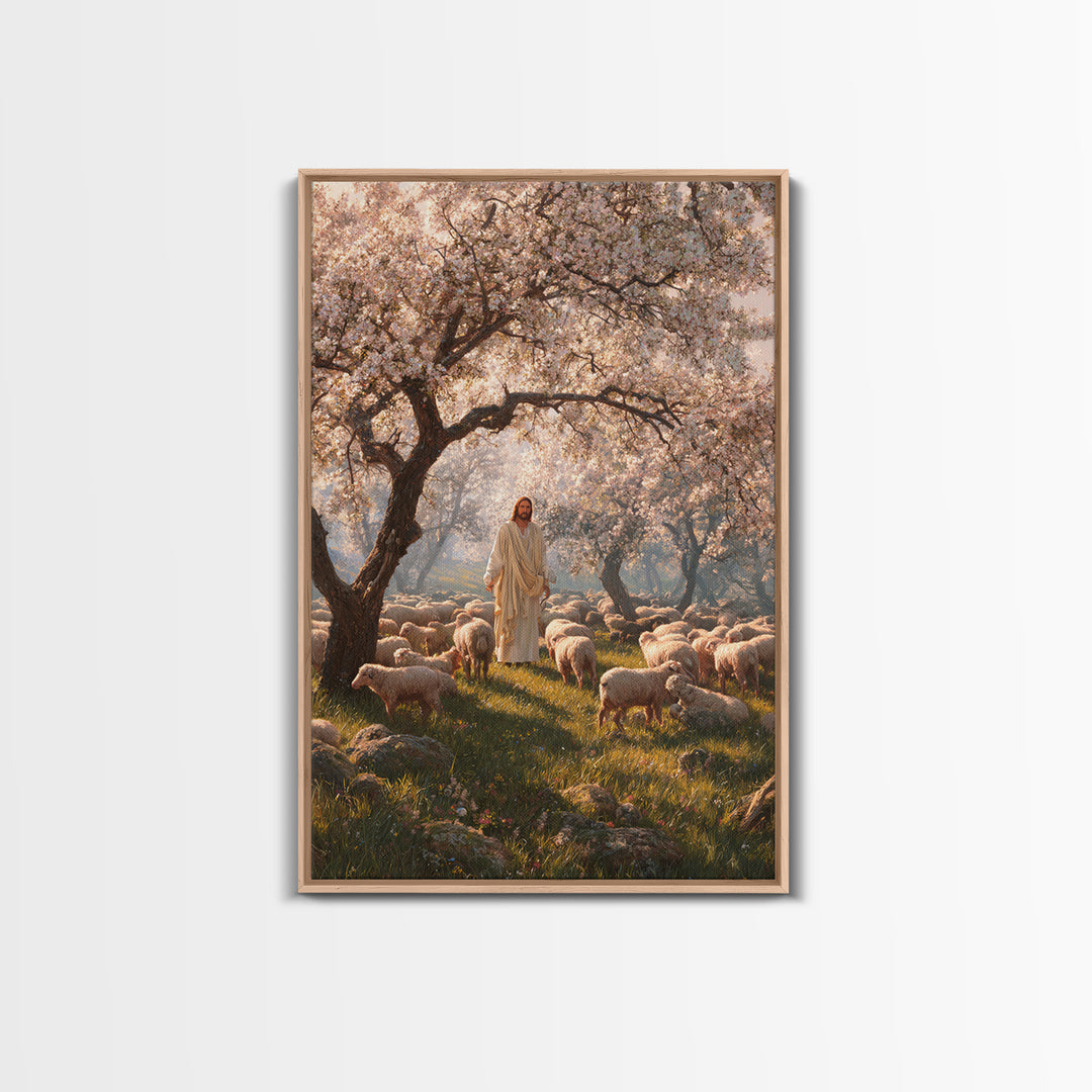 Orchard Flock Light, Framed Canvas Print, Christian Art Canvas, Jesus Painting, Christian Wall Art, Christian Art Prints, Christian Decor,