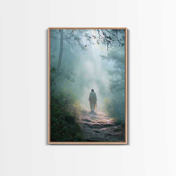 Forest Dawn Walk – Framed Canvas Print – Christian Wall Art – Christian Art Canvas – Jesus Painting – Moody Christian Art – Christian Decor