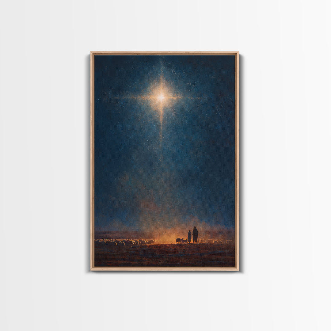 Night Of Glory – Framed Canvas Print – Christmas Wall Art – Christian Art Canvas – Moody Christmas Art – Christian Christmas Art