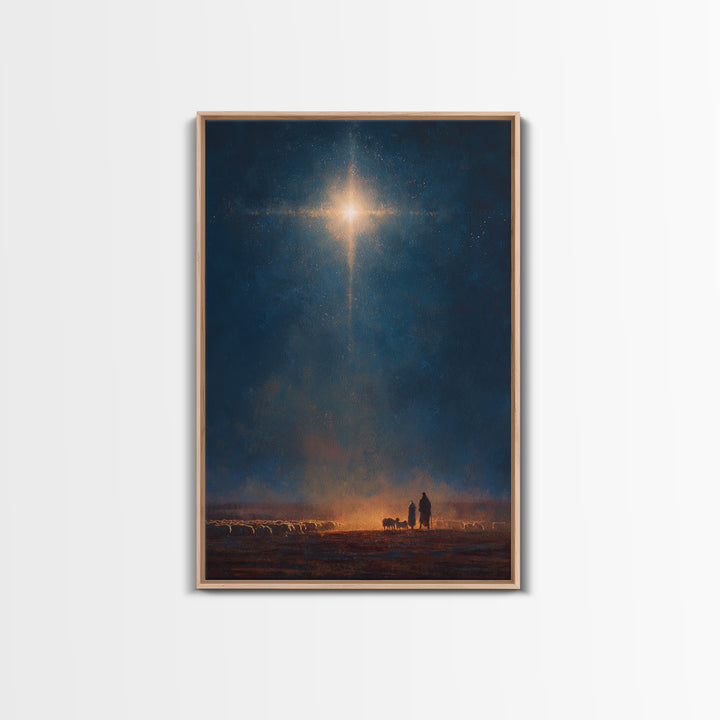 Night Of Glory – Framed Canvas Print – Christmas Wall Art – Christian Art Canvas – Moody Christmas Art – Christian Christmas Art