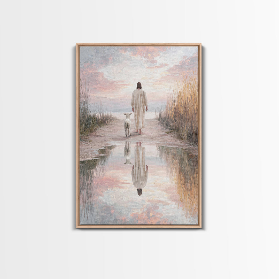 Misty Shepherd Calm, Framed Canvas Print, Christian Wall Art, Jesus Canvas Art, Minimalist Christian Art, Subtle Christian Paintings, Chris