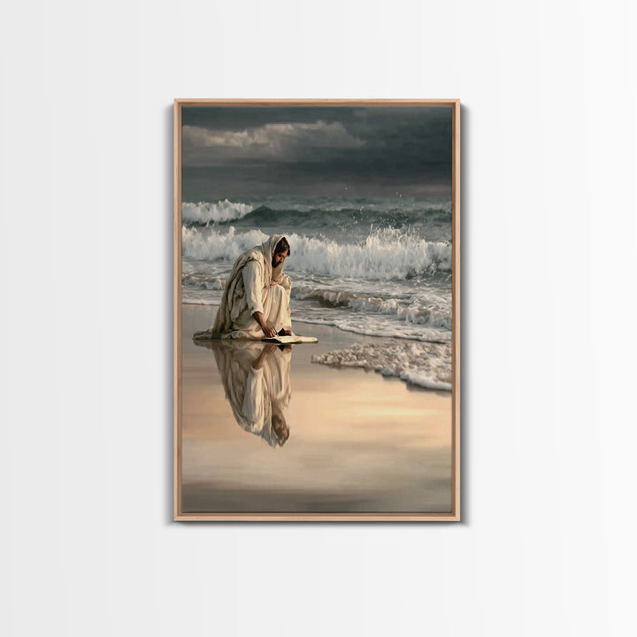 Shoreline Of Rest, Framed Canvas Print, Christian Wall Art, Jesus Painting, Christian Art Canvas, Moody Christian Art, Large Jesus Painting