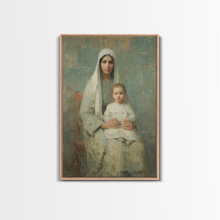 Serene Motherhood, Framed Canvas Print, Christian Wall Art, Christian Art Canvas, Mary And Jesus Painting, Subtle Christian Art, Christian