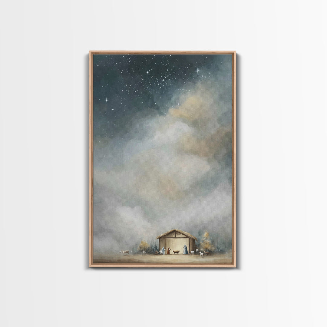 Starry Holy Night – Framed Canvas Print – Christmas Art – Christian Christmas Art – Framed Christmas Wall Art – Christian Decorations