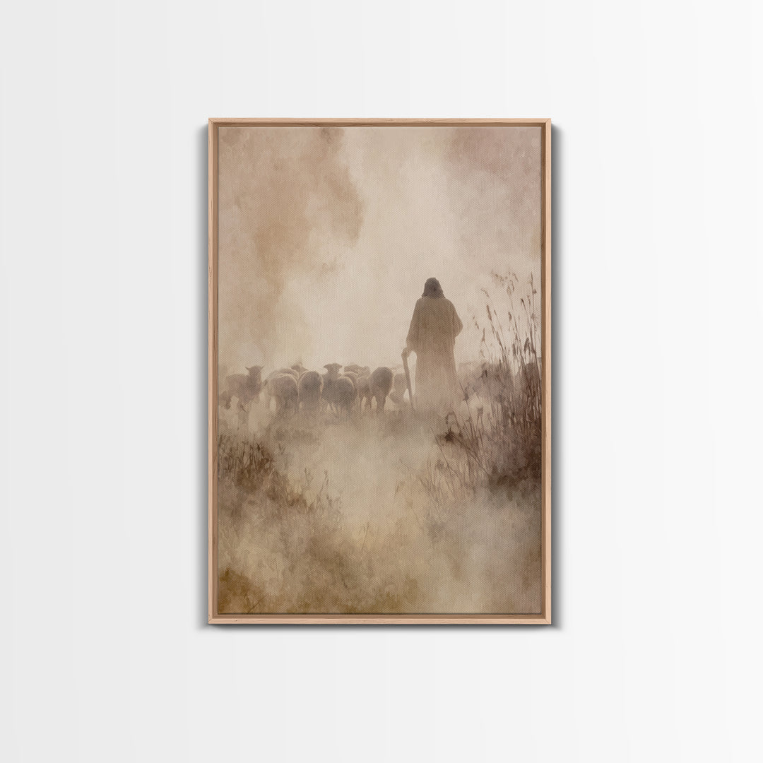 Guiding Shepherd Glow – Framed Canvas Print – Christian Art Work – Jesus Art Print – Christian Wall Art – Minimalist Christian Art