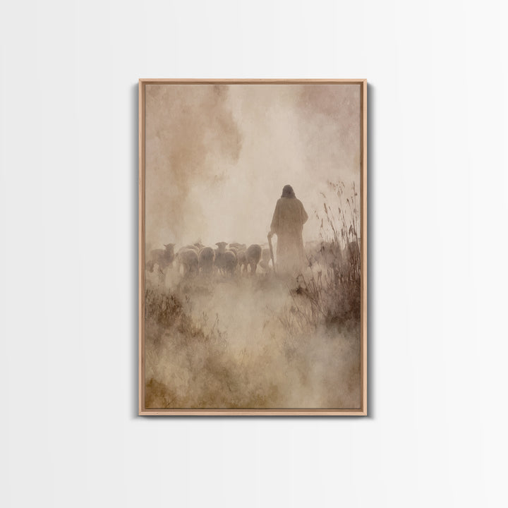 Guiding Shepherd Glow – Framed Canvas Print – Christian Art Work – Jesus Art Print – Christian Wall Art – Minimalist Christian Art