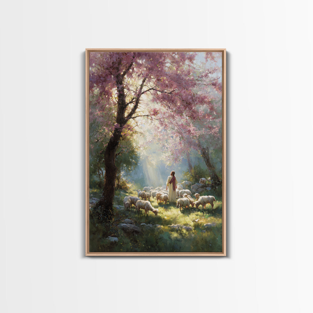 Springtime Shepherd - Framed Canvas Print - Christian Art Canvas - Christian Wall Art - Jesus Painting - Floral Christian Art - Christian D
