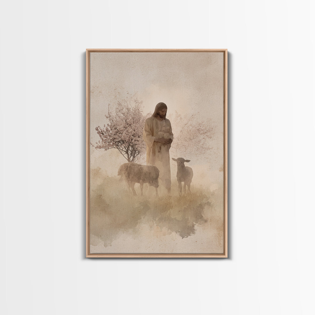 Soft Shepherd Glow - Framed Canvas Print - Christian Art Canvas - Christian Wall Art - Jesus Painting - Minimalist Christian Art - Faith Ar