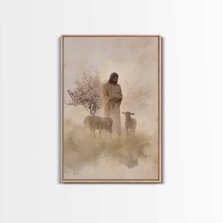 Soft Shepherd Glow - Framed Canvas Print - Christian Art Canvas - Christian Wall Art - Jesus Painting - Minimalist Christian Art - Faith Ar