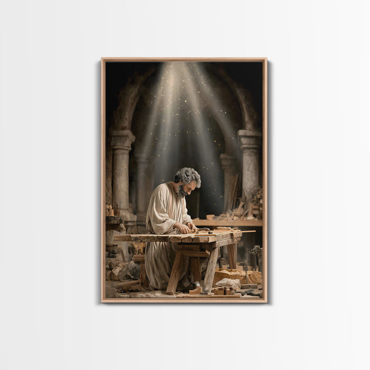 Humble Workshop Light, Framed Canvas Print, Christian Art Canvas, Jesus Painting, Christian Wall Art, Christian Decor, Christmas Art