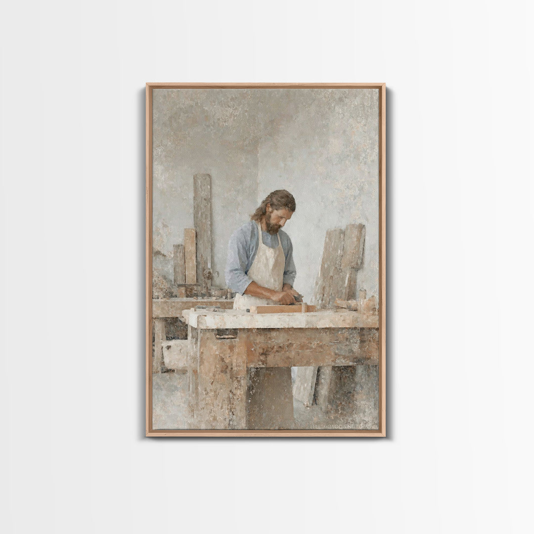 Quiet Carpenter Grace | Framed Canvas Print | Christian Wall Art | Jesus Painting | Christian Art Canvas | Christian Gift | Christmas Art