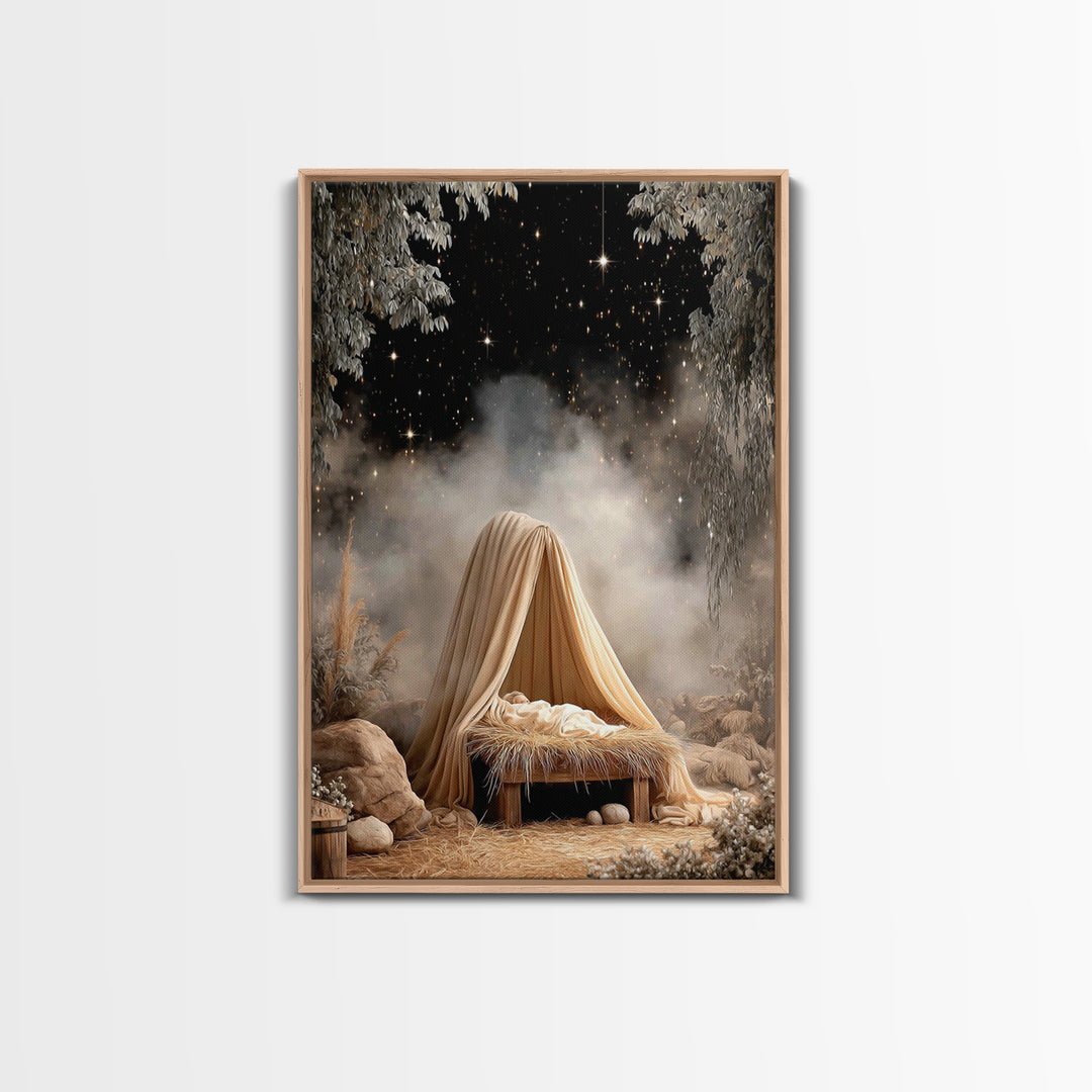 Guiding Star Cradle – Framed Canvas Print – Christian Wall Art – Jesus Painting – Christmas Art – Christian Christmas Decor – Christian Art