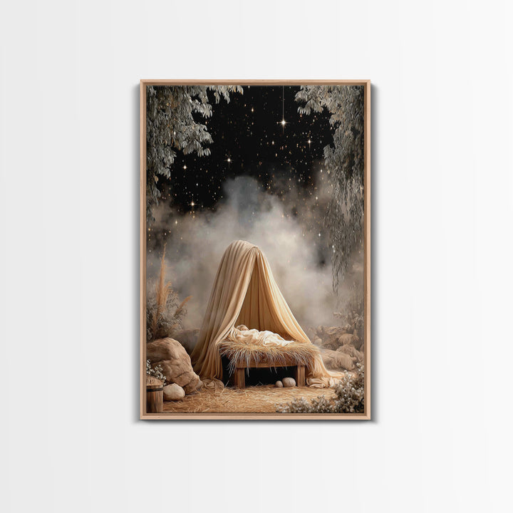 Guiding Star Cradle – Framed Canvas Print – Christian Wall Art – Jesus Painting – Christmas Art – Christian Christmas Decor – Christian Art