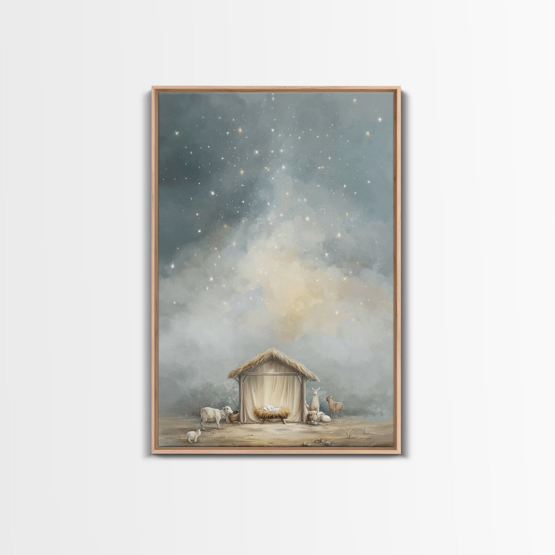 Heavenly Night Shelter – Framed Canvas Print – Christian Wall Art – Christian Christmas Art – Jesus Painting – Modern Christian Art – Chris
