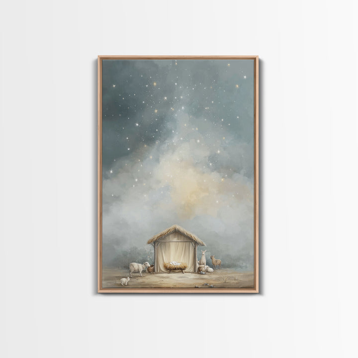 Heavenly Night Shelter – Framed Canvas Print – Christian Wall Art – Christian Christmas Art – Jesus Painting – Modern Christian Art – Chris