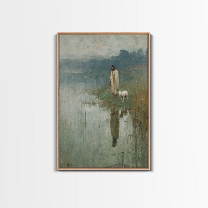 Gentle Lake Shepherd – Framed Canvas Print – Christian Art Canvas – Jesus Painting – Christian Wall Art – Vintage Christian Art – Christian