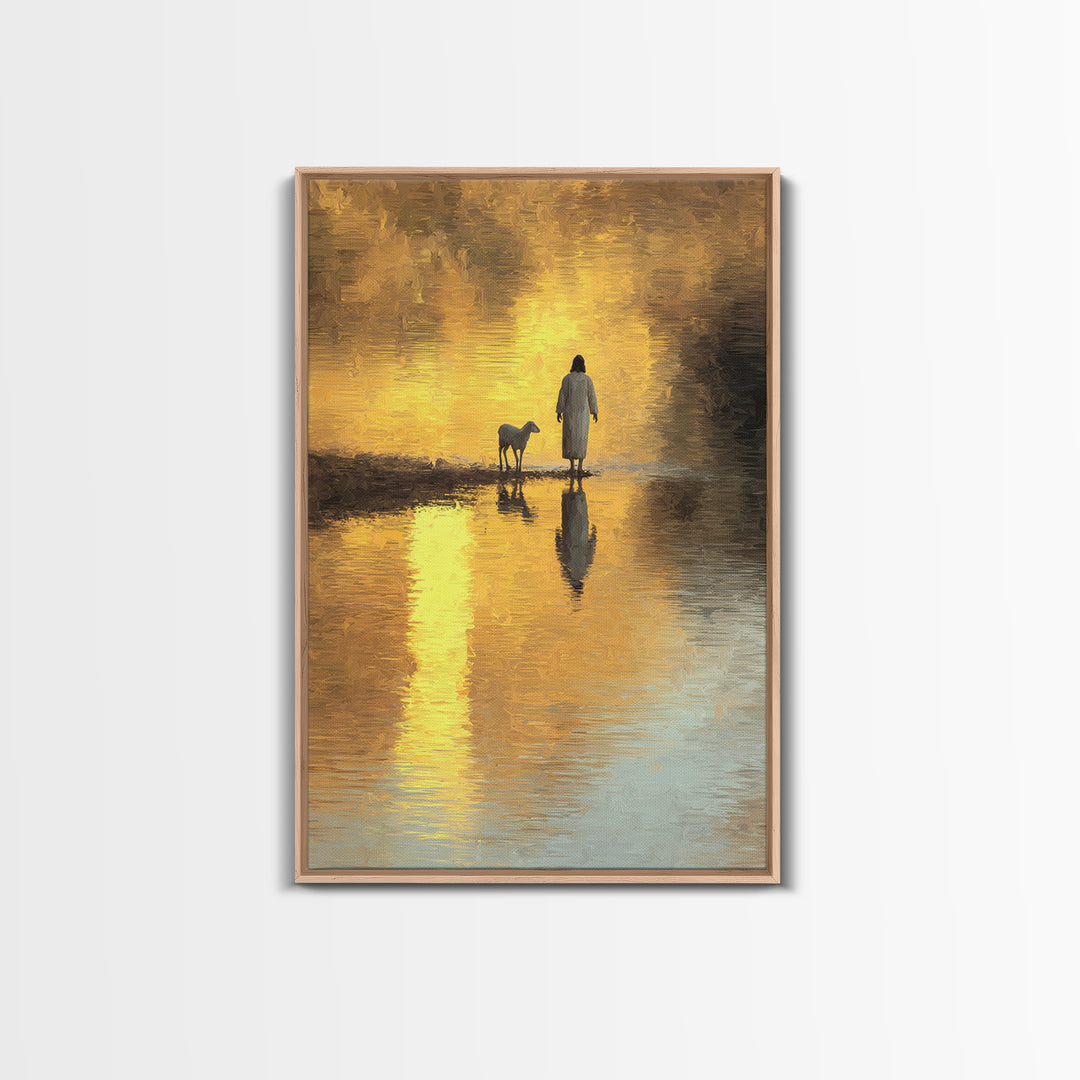 Shepherd’s Dawnlight – Framed Canvas Print – Jesus Painting – Christian Wall Art – Modern Christian Art – Christian Art Canvas – Christmas