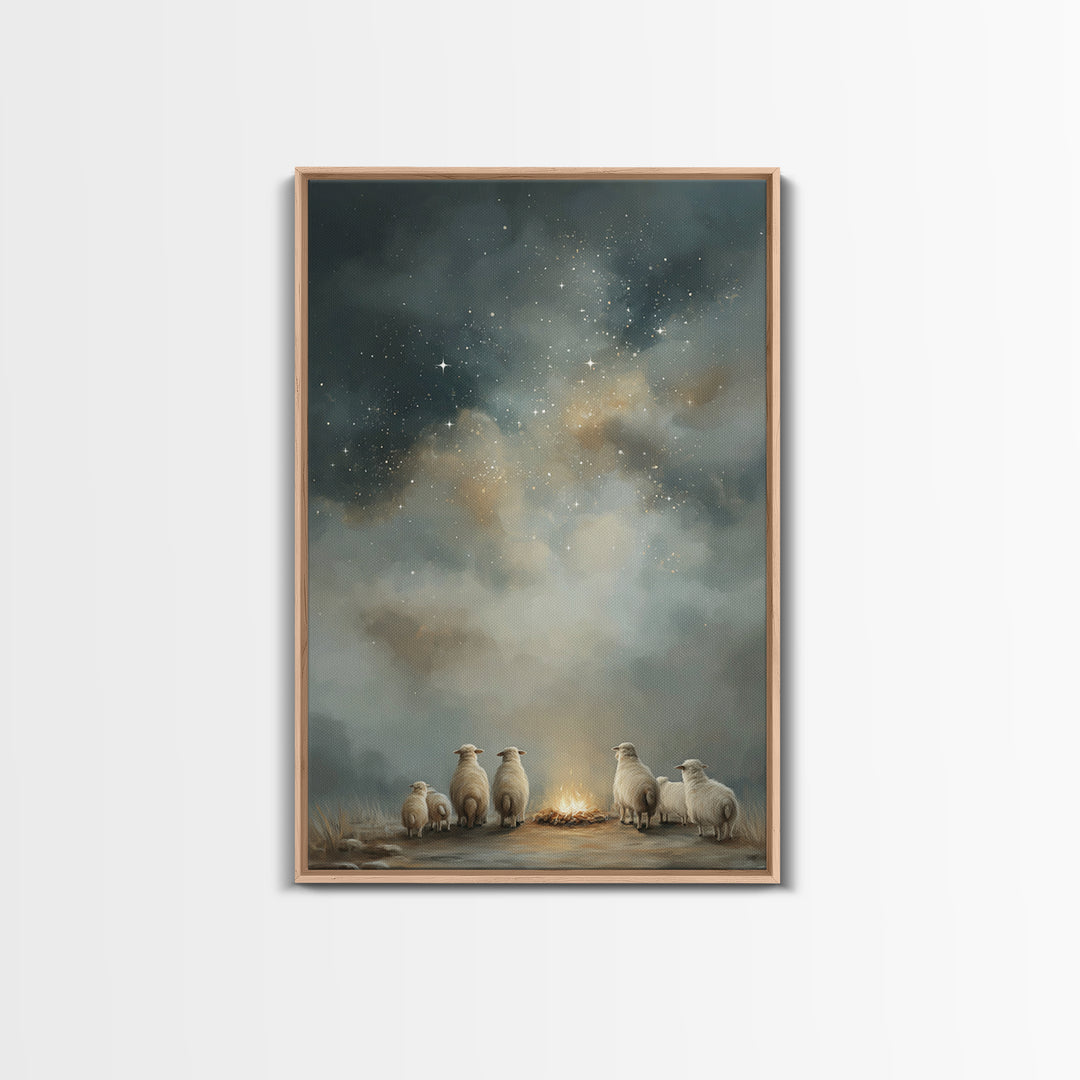 Starry Night Flock – Framed Canvas Print – Christmas Art – Christian Art Canvas – Christian Wall Art – Folk Art Christmas – Christian Chris