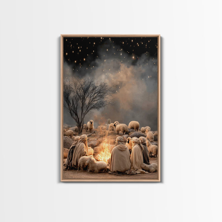 Shepherds By Fire – Framed Canvas Print – Christian Christmas Art – Christian Art Canvas – Christmas Wall Art – Christian Art – Vintage Chr