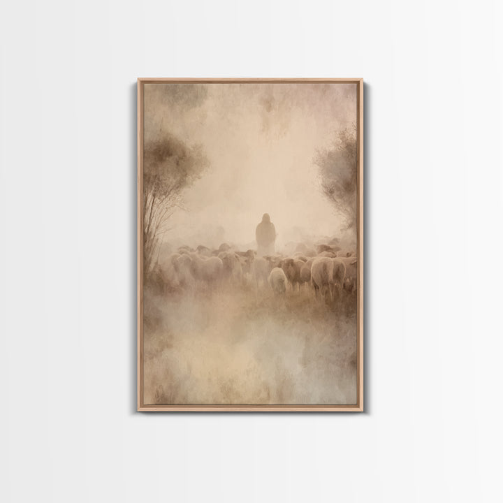 Shepherd’s Dawn – Framed Canvas Print – Christian Wall Art – Jesus Painting – Christian Art Canvas – Pastoral Scenery – Christian Christmas
