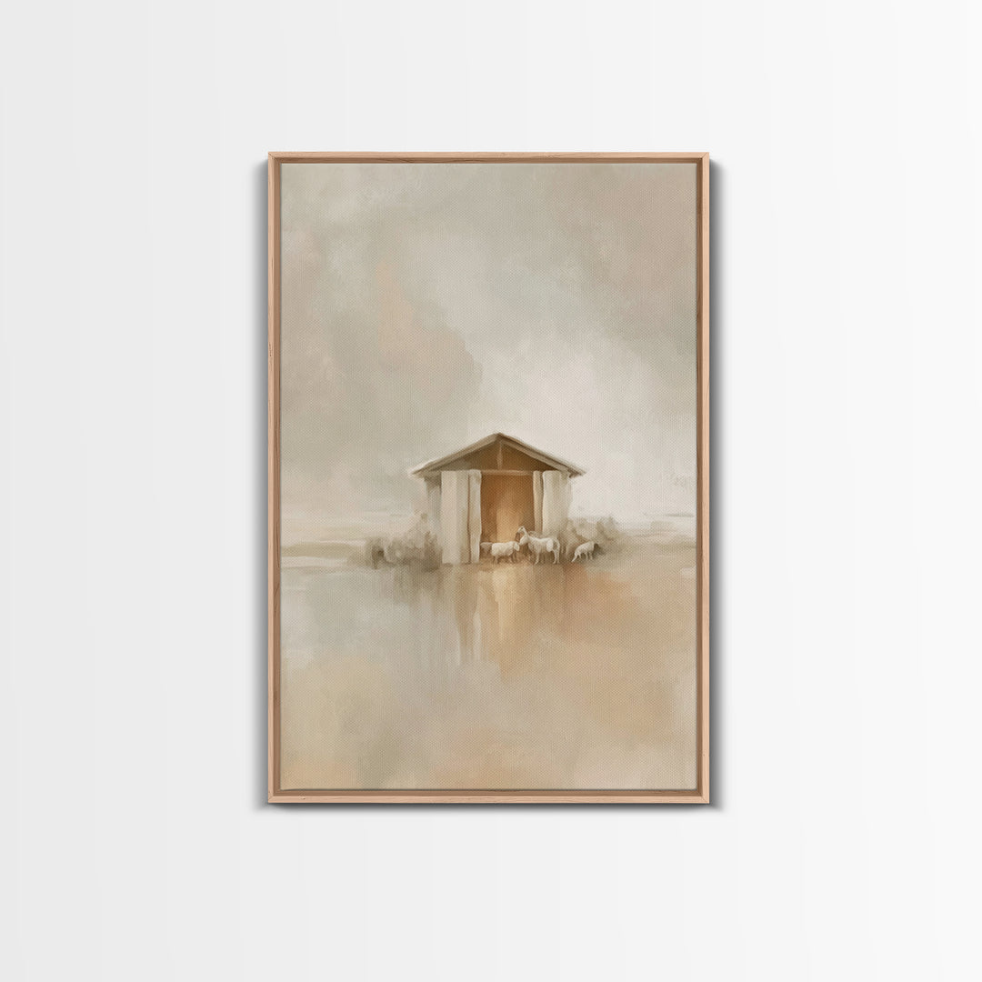 Quiet Manger Light, Framed Canvas Print, Christmas Wall Art, Christian Art Print, Minimalist Christian Art, Christian Christmas Art, Christ