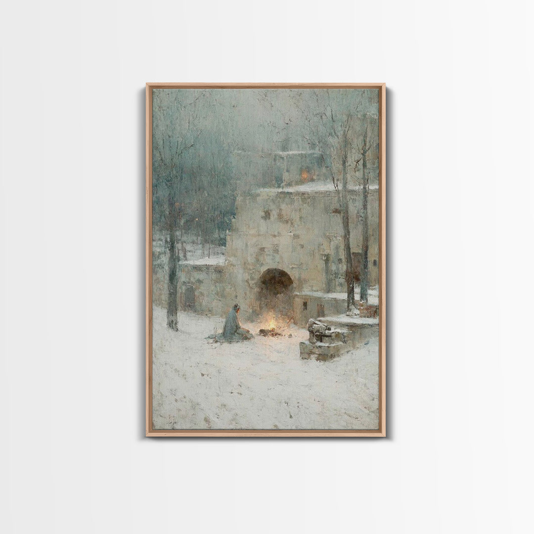 Warm Vigil Night – Framed Canvas Print – Christian Art – Christmas Art – Moody Christmas Art – Christian Wall Art – Christian Art Gift