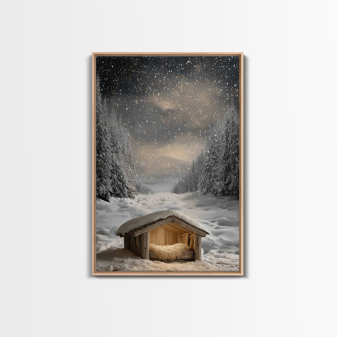 Silent Nativity Snow | Framed Canvas Print | Christmas Canvas Wall Art | Christian Art Work | Christian Christmas Art | Modern Christmas Ar