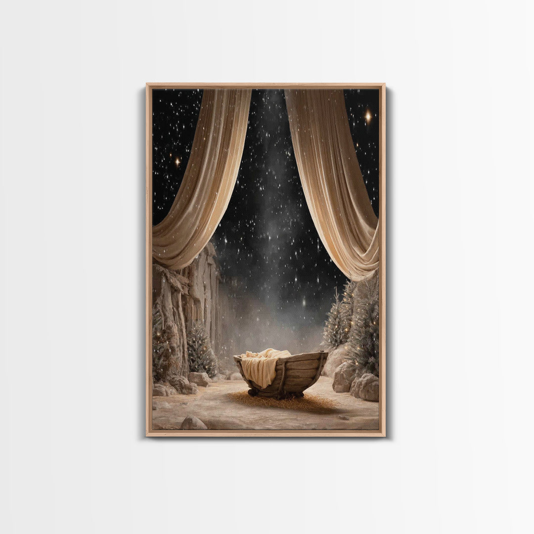 Starry Night Cradle | Framed Canvas Print | Christmas Wall Art | Christian Christmas Art | Christmas Canvas Wall Art | Framed Christmas Art