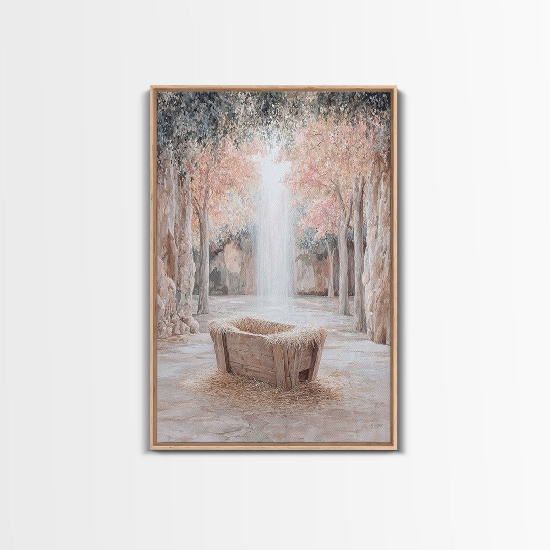 Garden Manger Glow, Framed Canvas Print, Christian Wall Art, Christian Art Canvas, Christmas Art Prints, Modern Christian Art, Christian Ch