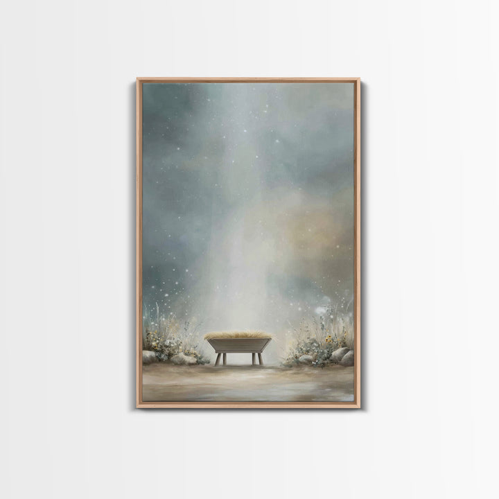 Heaven’s Gentle Cradle – Framed Canvas Print – Christmas Wall Art – Christian Christmas Art – Christian Art Canvas – White Christmas Art –