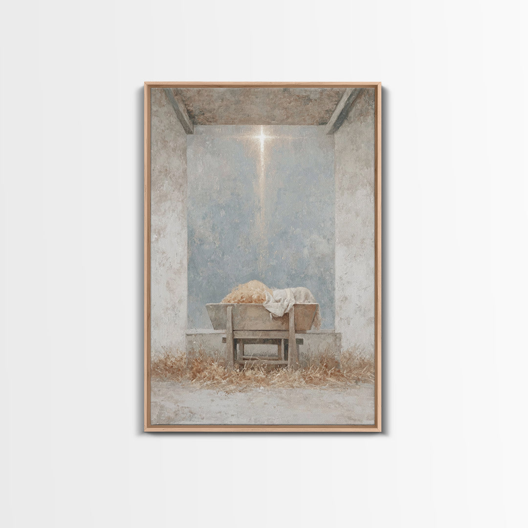 Humble Cradle Light, Framed Canvas Print, Christian Art Canvas, Christmas Wall Art, Subtle Christian Art, Christian Christmas Art, Modern C