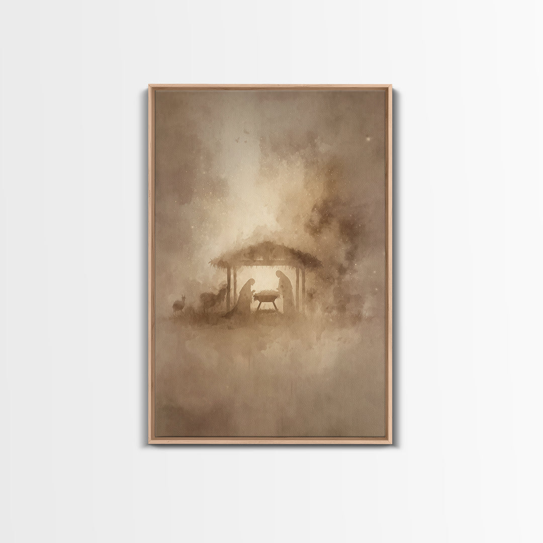 Silent Night Stable – Framed Canvas Print – Christmas Art – Christian Christmas Art – Christian Wall Art – Christian Art Canvas – Christian