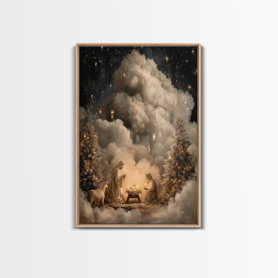 Heavenly Nativity Glow | Framed Canvas Print | Christian Wall Art | Christian Art Canvas | Christmas Art | Christian Christmas Art | Christ