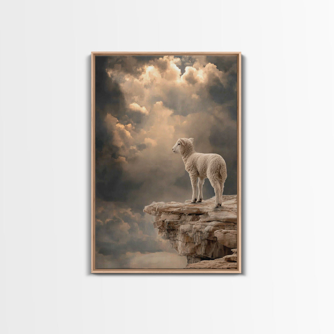 Quiet Summit Lamb, Framed Canvas Print, Christian Wall Art, Christian Art Canvas, Minimalist Christian Art, Christian Decor, Pastoral Scene