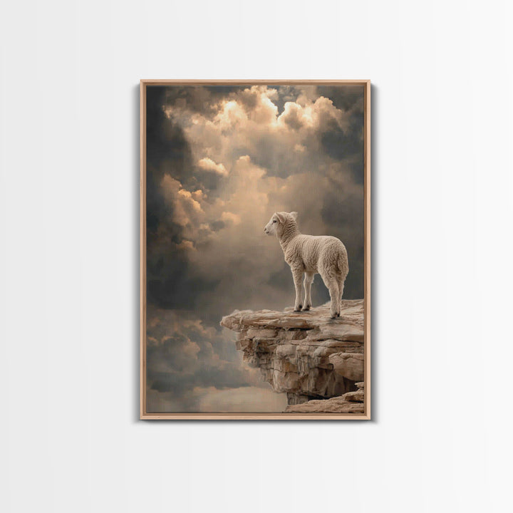 Quiet Summit Lamb, Framed Canvas Print, Christian Wall Art, Christian Art Canvas, Minimalist Christian Art, Christian Decor, Pastoral Scene