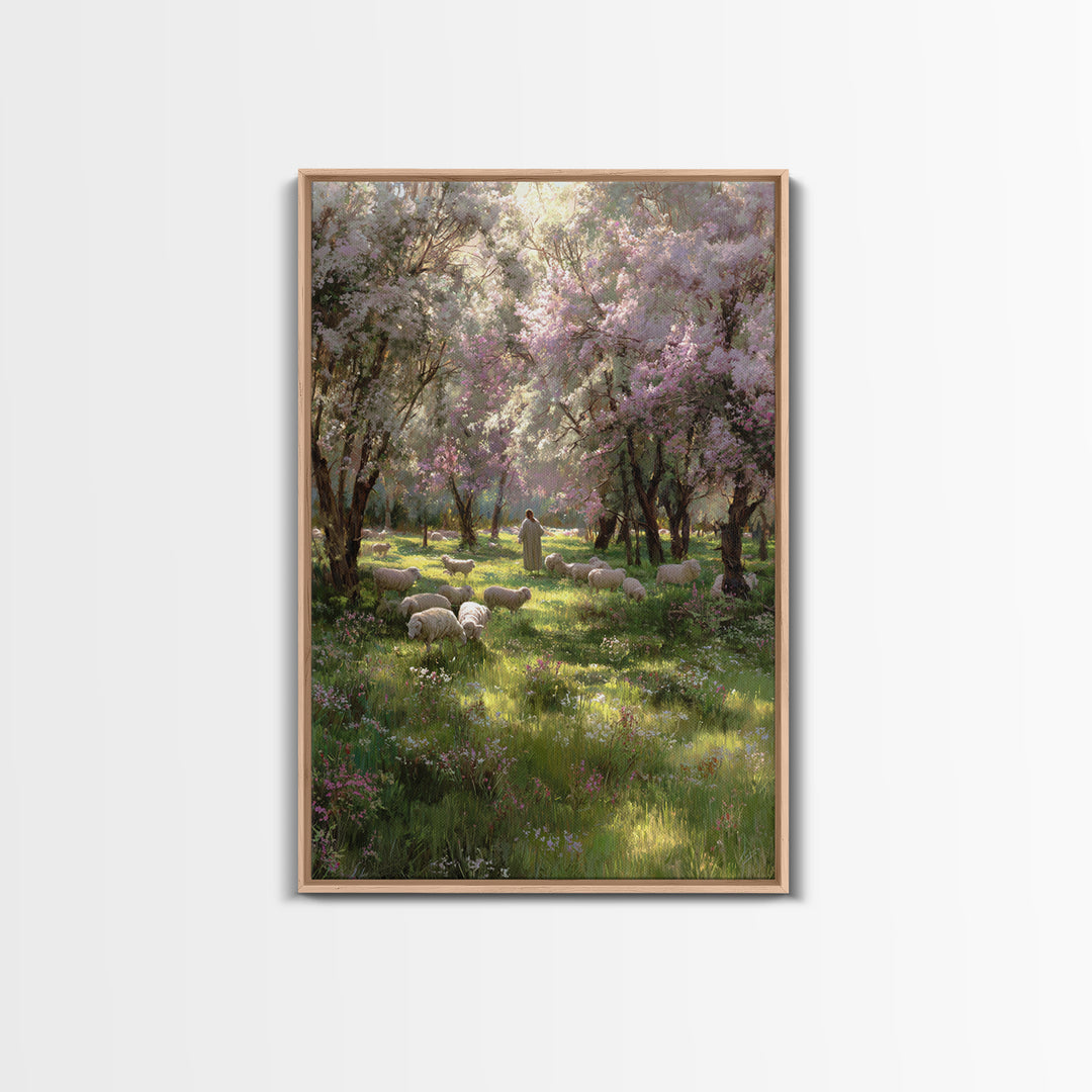 Garden Of The Shepherd, Framed Canvas Print, Christian Art Canvas, Jesus Painting, Christian Wall Art, Christian Gift Ideas, Vintage Christ