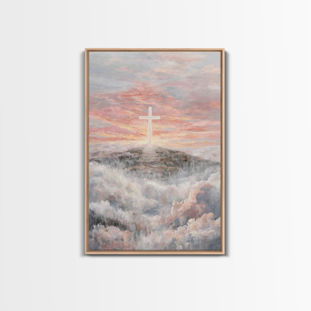 Hilltop Sunrise Cross, Framed Canvas Print, Christian Wall Art, Christian Art Print, Large Christian Painting, Christian Home Decor