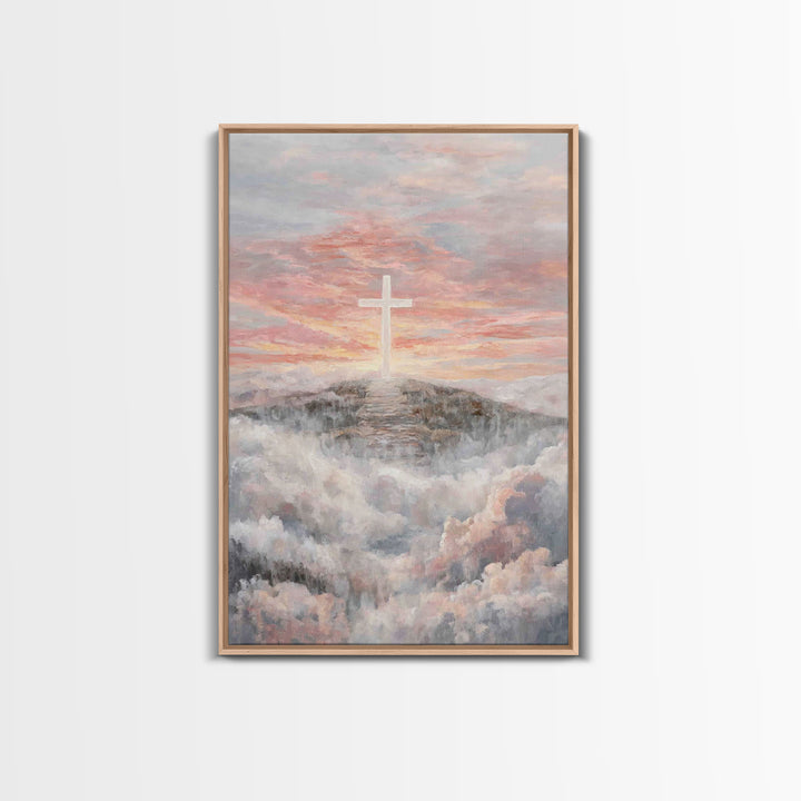 Hilltop Sunrise Cross, Framed Canvas Print, Christian Wall Art, Christian Art Print, Large Christian Painting, Christian Home Decor