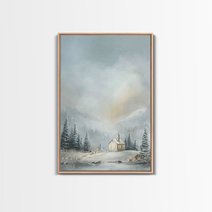 Winter Chapel Light | Framed Canvas Print | Christmas Art Prints | Christian Wall Art | Christian Christmas Decor | Christian Art Canvas |