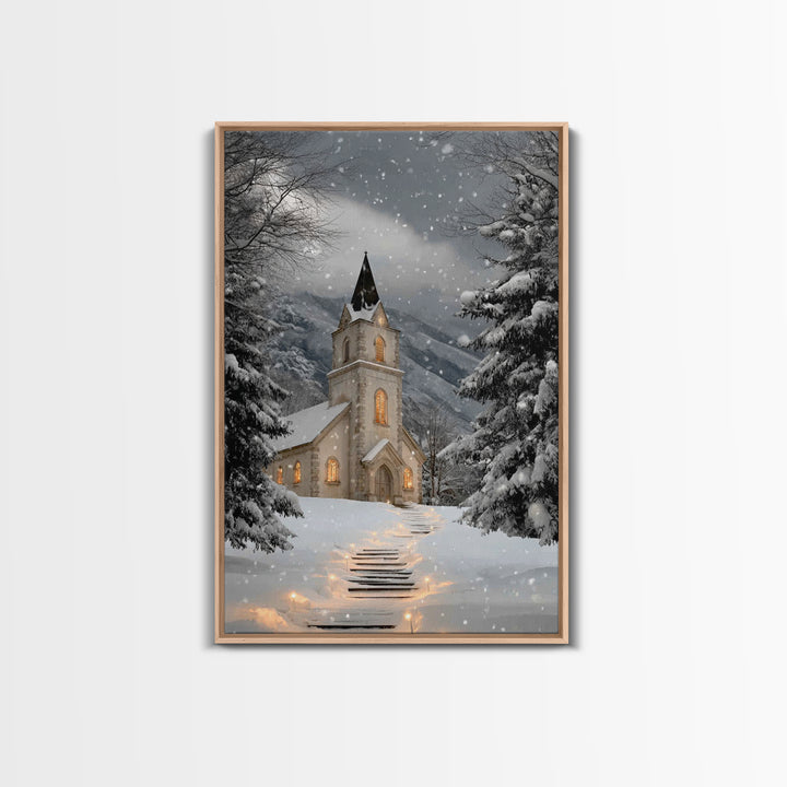 Snowfall Chapel – Framed Canvas Print – Christmas Wall Art – Christian Christmas Art – Framed Christmas Art – Christmas Art Work – Christia